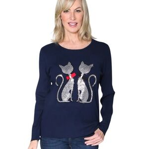 NWT Rhinestone Cat & Bow Tie Embellished Sparkle Sweater Blue Size Medium